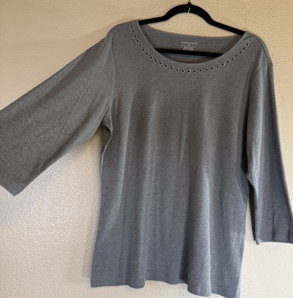 Christopher & Banks XL Gray Solid Cut-Out Neck Cotton Blend 3/4 Sleeve Top